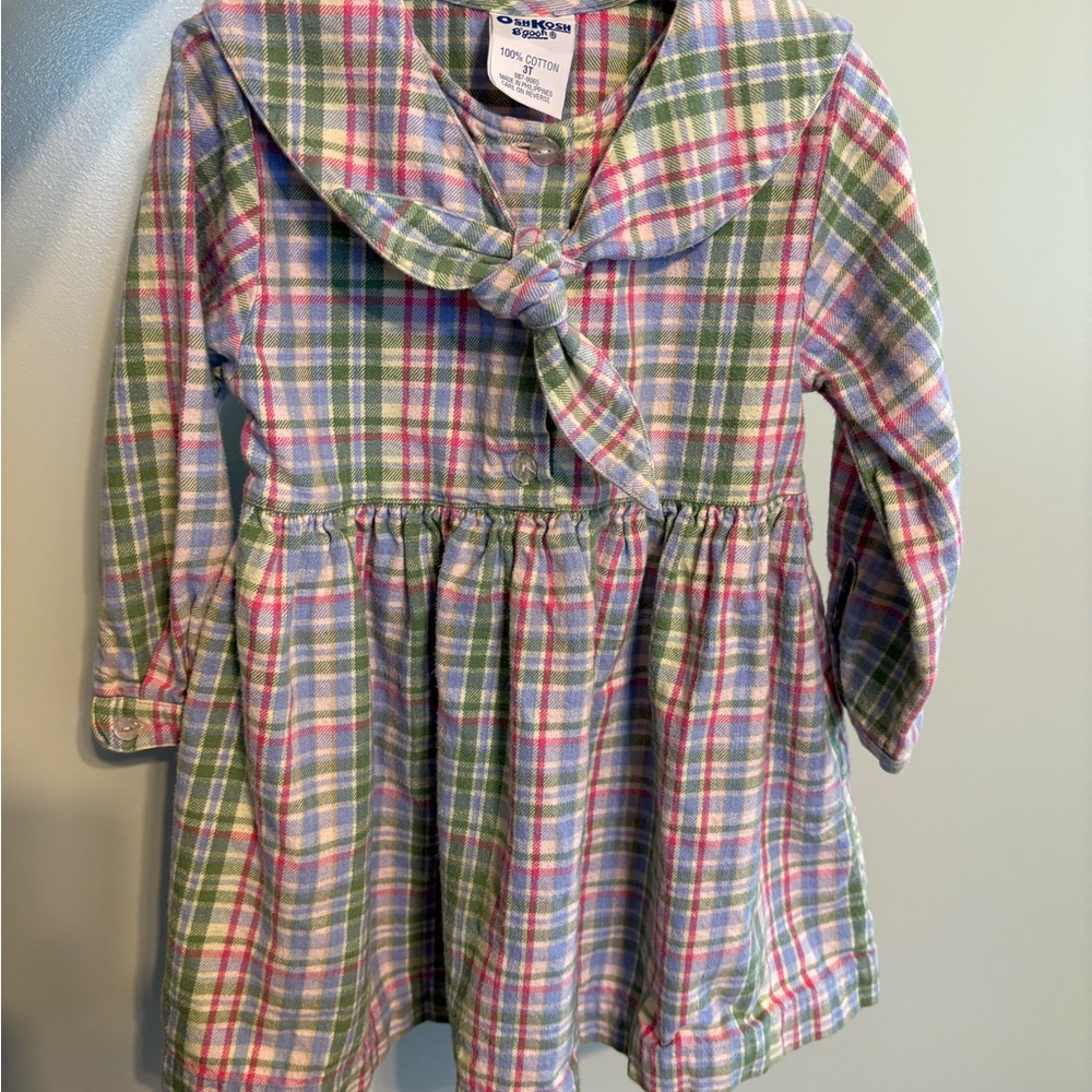 Vtg OshKoshB’gosh Girl’s Flannel Plaid Dress 100%Cotton Toddler 3T sailor collar